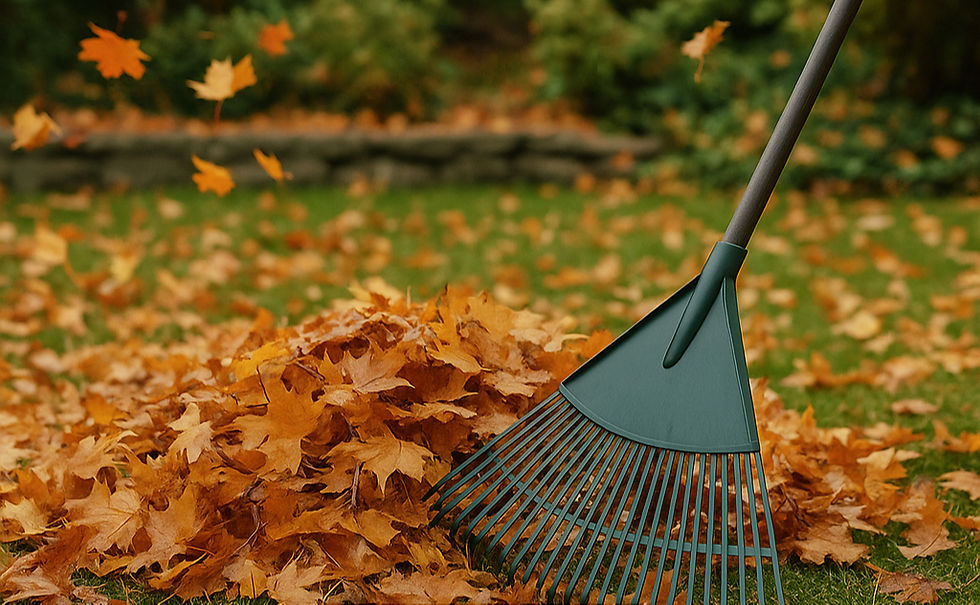 A rake and a pile of leaves