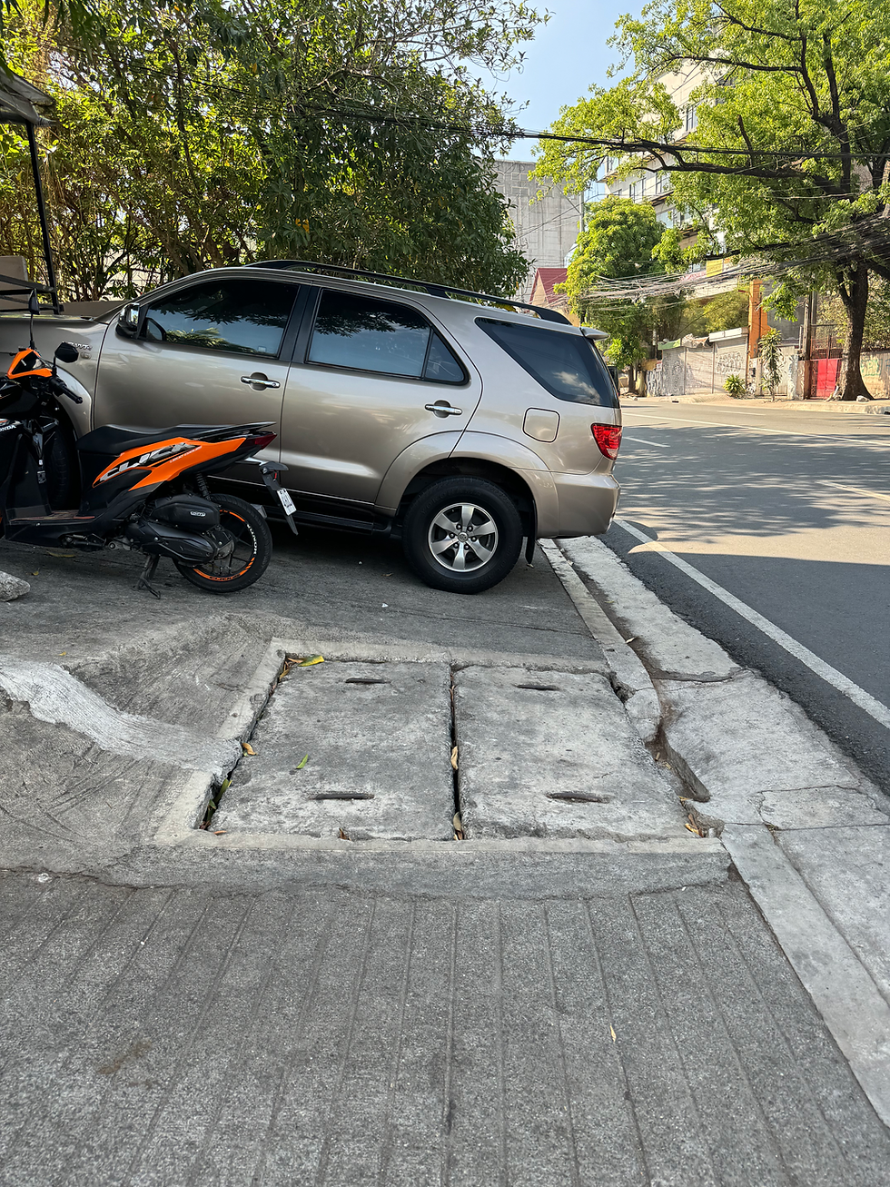 Here’s a less busy stretch of Maginhawa Street in Quezon City — famous as a food hub for walking and dining. Yet even here, SUVs spill over sidewalks, forcing pedestrians onto the road. Photo taken in 2024.