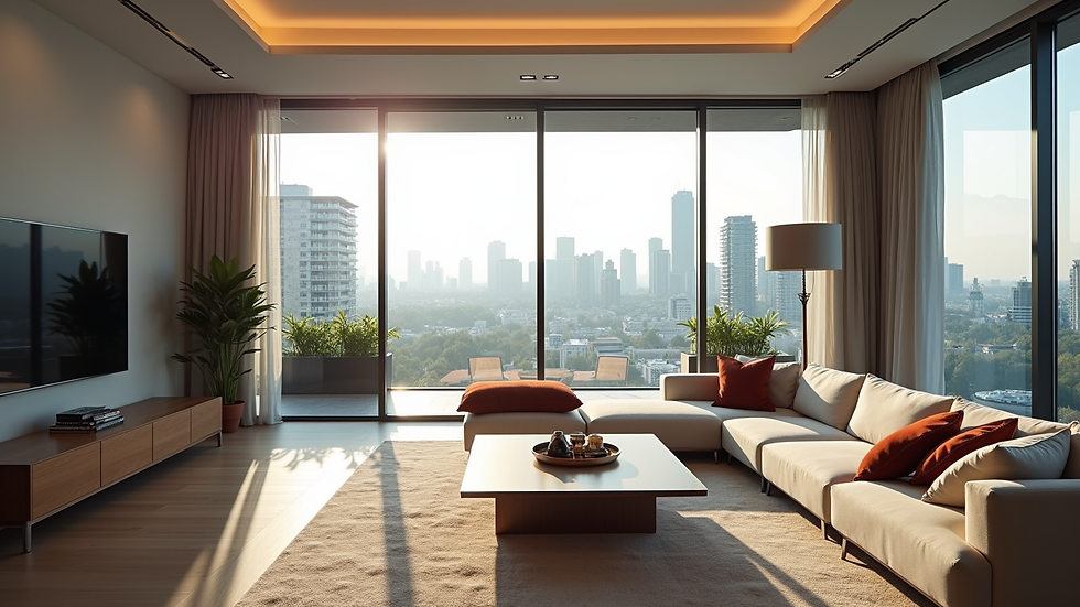 High angle view of a modern luxury condo living room with floor-to-ceiling windows