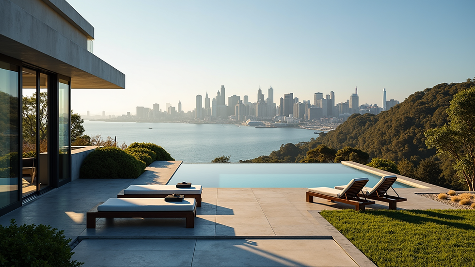 Eye-level view of a luxury home overlooking the San Francisco skyline from Yerba Buena Island
