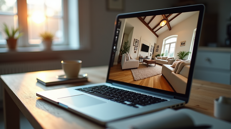 High angle view of a laptop showing a virtual home tour on screen