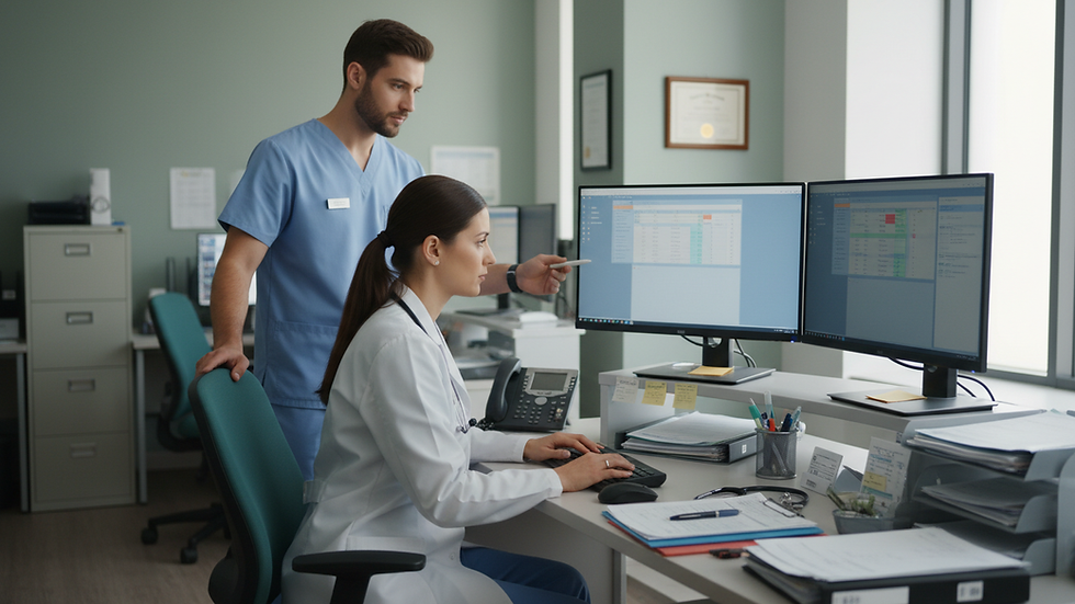 Eye-level view of a cluttered clinic workstation with multiple screens