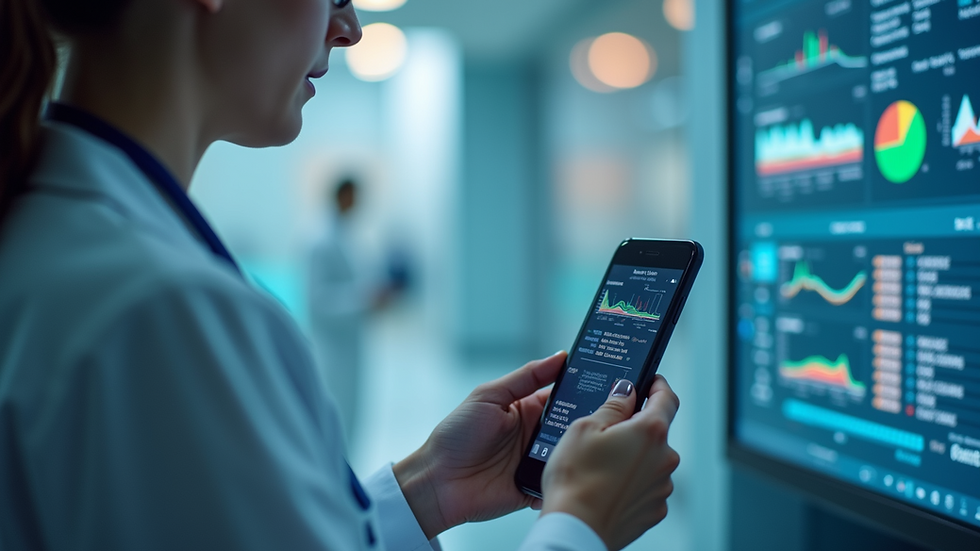 Eye-level view of a healthcare professional reviewing patient data on a digital device