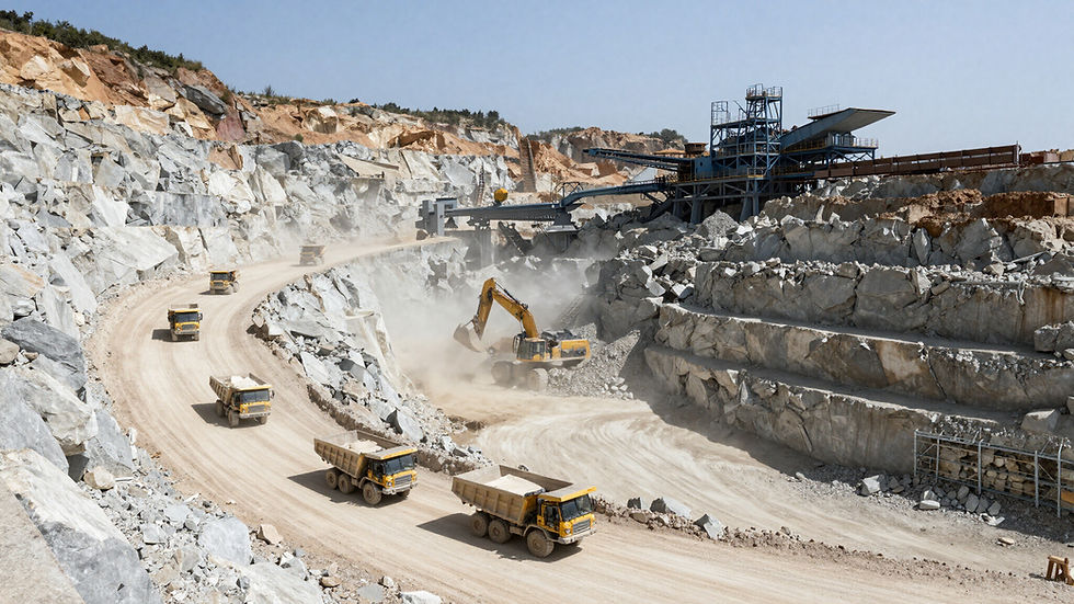 Aggregate mining quarry with rock faces, excavators, haul trucks and crushing equipment