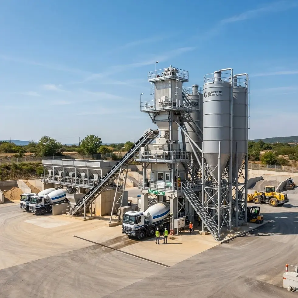 Industrial photography of a concrete batching plant with tall silos and mixing trucks. The site is operating under bright, clear daylight conditions.