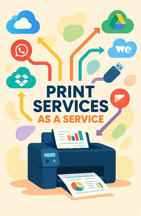 Infografica colorata del servizio di stampa multicanale con cloud, WhatsApp, email e USB