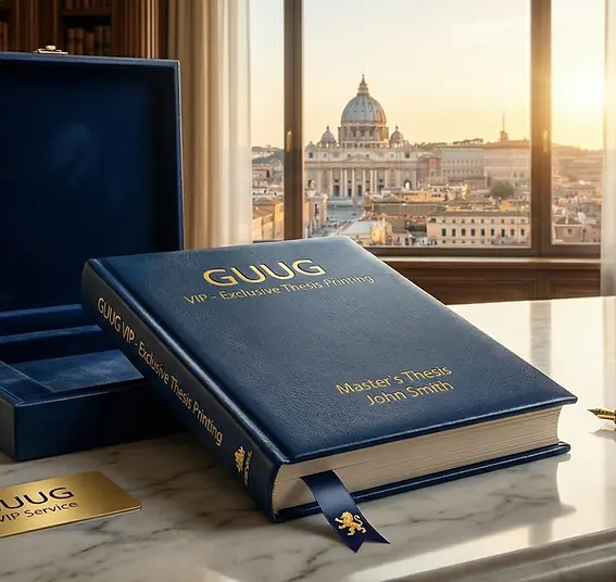 Blue leather-bound thesis book with gold engraved text "GUUG VIP - Exclusive Thesis Printing" and "Master's Thesis - John Smith," presented with a luxury box, a "GUUG VIP Service" card, a champagne flute, and a fountain pen on a marble table. In the background, a panoramic sunset view of St. Peter's Basilica in Rome from a classic library.