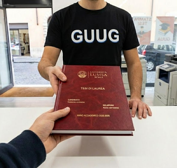 Consegna di una tesi di laurea rilegata in similpelle rossa con stampa oro dell'Università LUMSA Roma, Anno Accademico 2026-2027, presso il centro stampa GUUG a Roma.