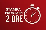Banner promozionale con sfondo rosso e scritta “Stampa pronta in 2 ore” accompagnata da un’icona di cronometro – Guug.it