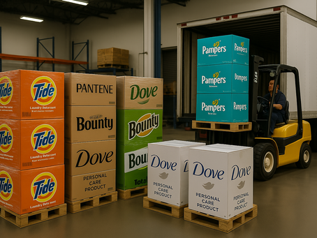 Liquidation pallets of Pampers, Tide, Pantene, and Dove loaded in warehouse