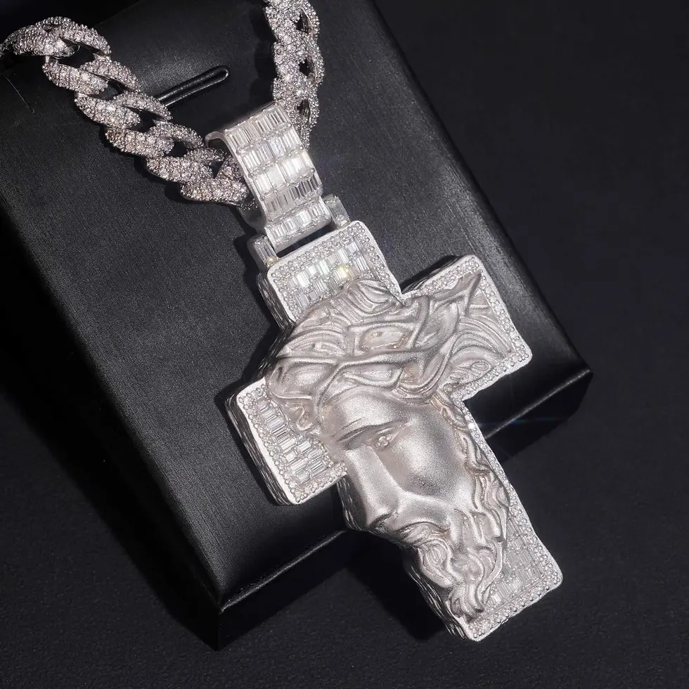 Thumbnail: 2.5" Tall Baguette Cut VVS Diamond Moissanite Cross Jesus Pendant