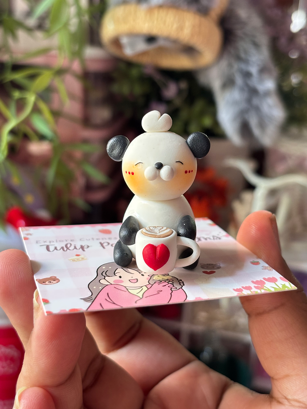 Thumbnail: coffee lover panda keychain handmade panda holding mug with latte art - Close up