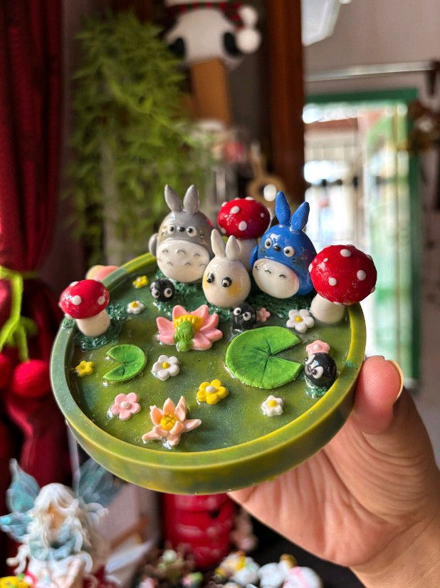 Totoro Ghibli inspired trinket decor dish with moss green resin, lotus flowers and soot sprites - Front View