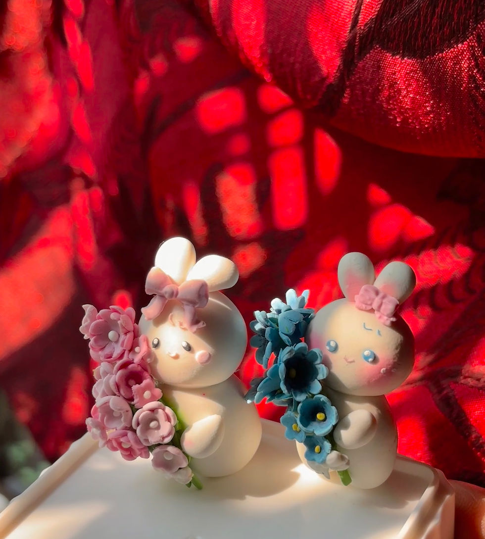 Thumbnail: florist bunny keychain handmade clay bunny with flower bouquet - Lower Angle View (both variants)