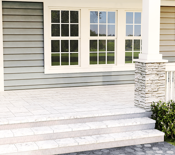 Hallway deck made with Tanzite stonedecks Rainier Collection in Carrara Marble color.