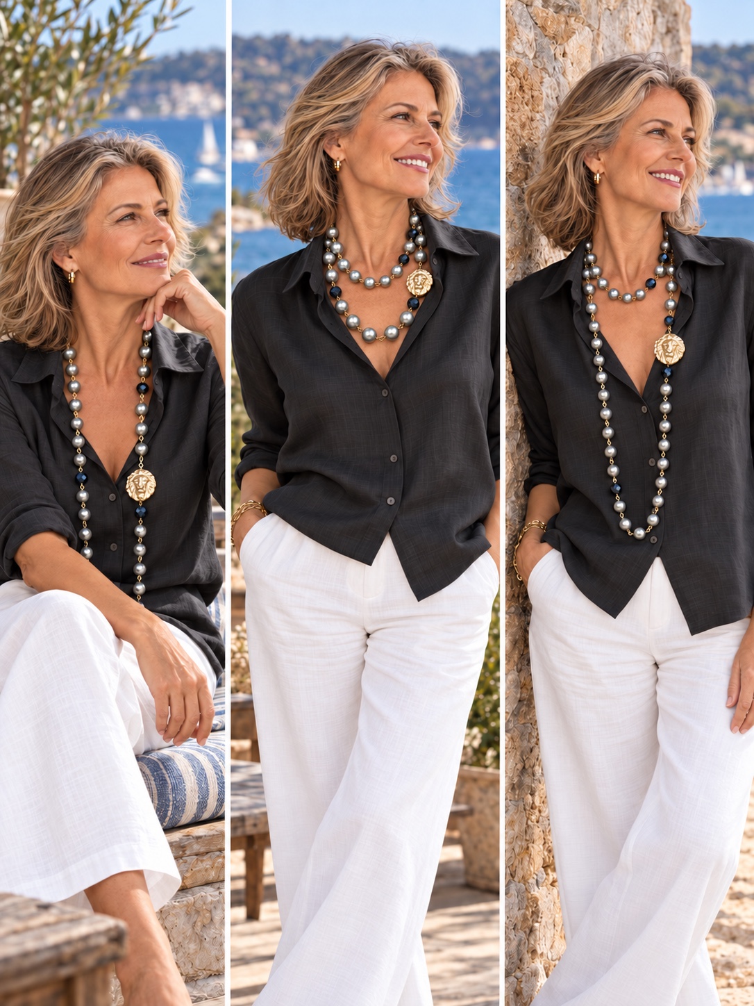 Full-length photograph showing an extra-long necklace