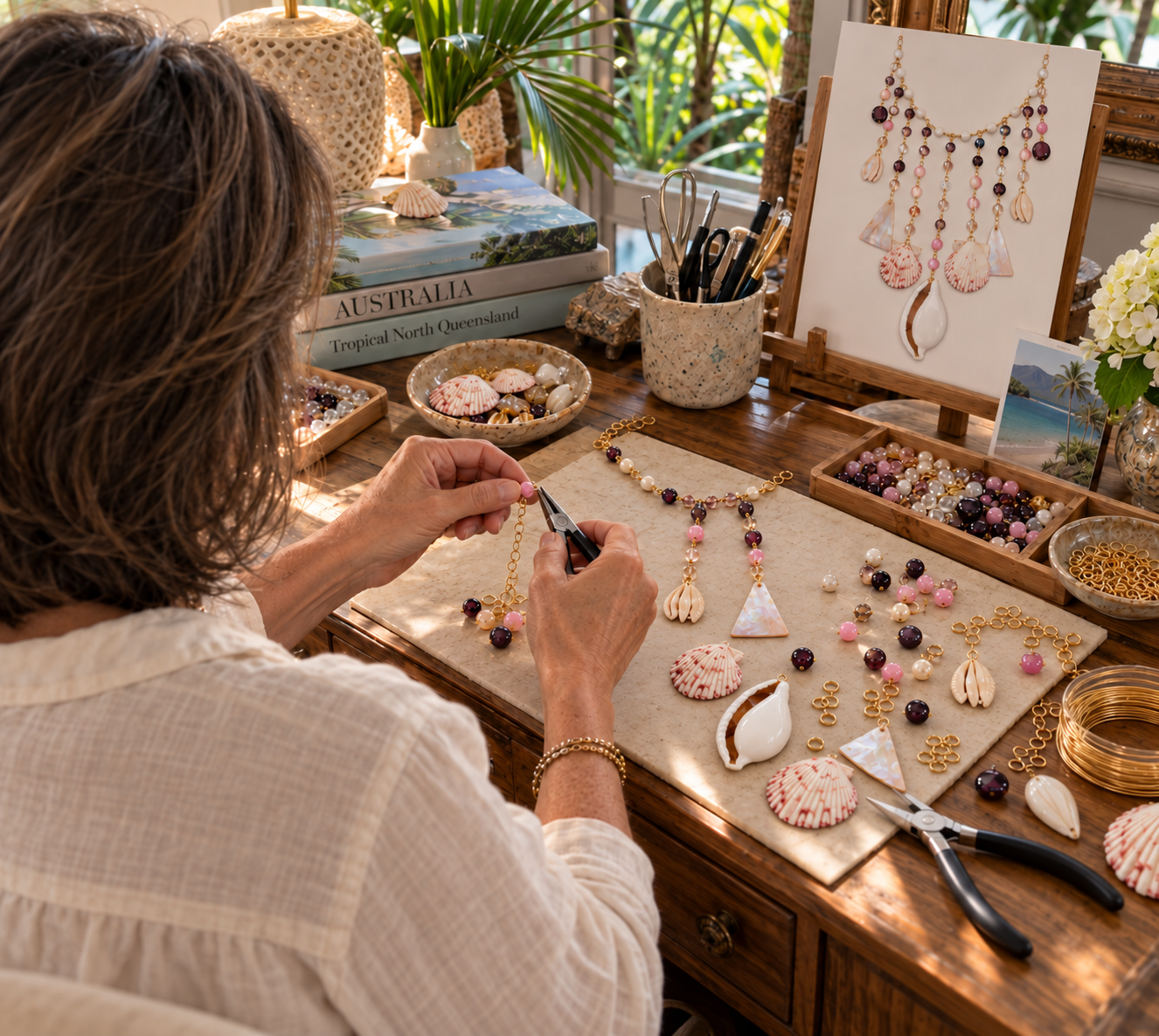 Joanne Sorensen working with jewellery at a workshop bench
