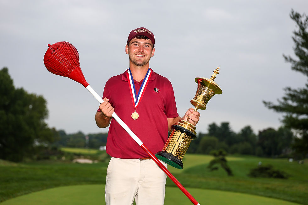 2026 U.S. Amateur Champion Jack Whaley poses for photos with the Havemeyer Trophy and a wicker basket flagstick after winning 4 and 3 at the 33rd hole at Merion Golf Club in Ardmore, Pa. on Sunday, Aug. 16, 2026. (Dustin Satloff/USGA)