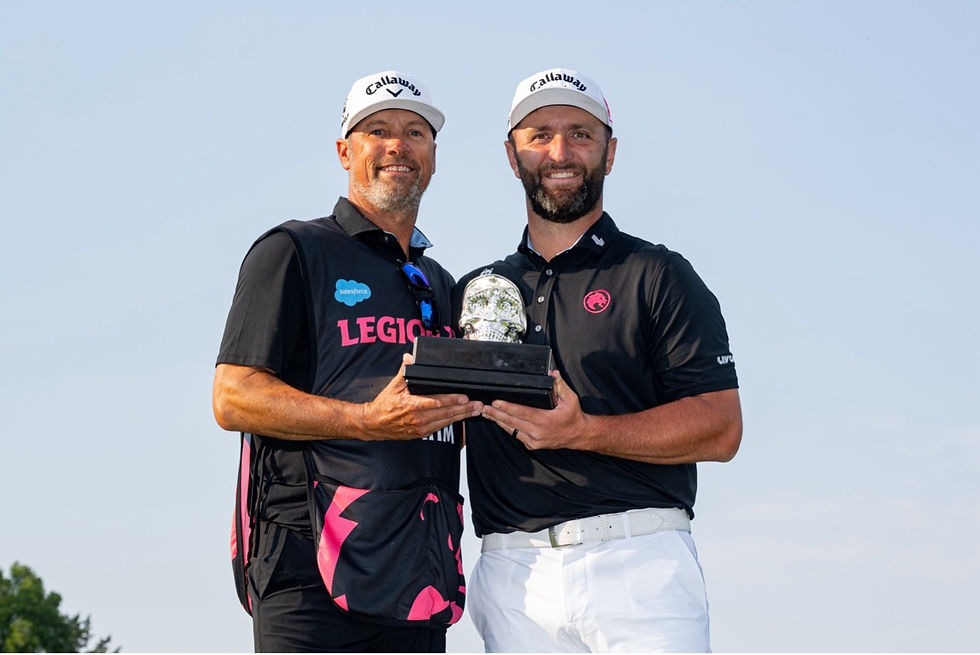 First place individual champion Captain Jon Rahm of Legion XIII and caddie, Adam Hayes, pose with the trophy after the final round of LIV Golf Mexico City at Club de Golf Chapultepec on Sunday, April 19, 2026 in Naucalpan, Mexico. (Photo by Charles Laberge/LIV Golf)