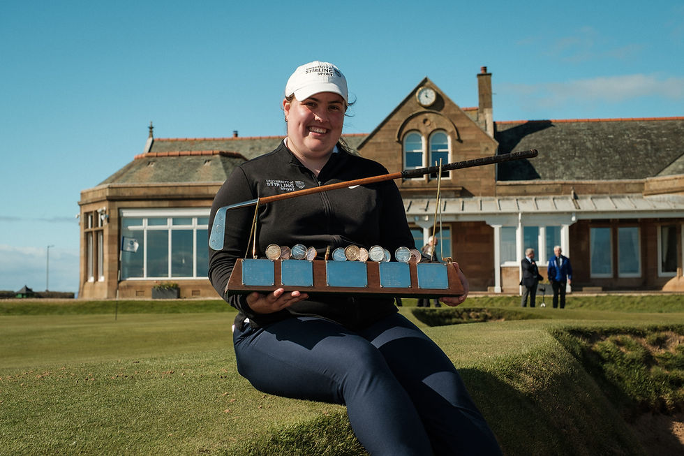 Grace Bowen poses for a photo with the Helen Holm Scottish Women's Open winner's trophy at Royal Troon Golf Club on April 19, 2026. (Photos Chris Young/Scottish Golf).
