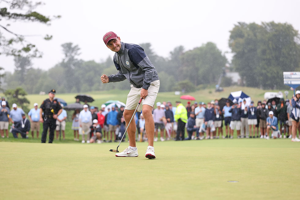 Jack Whaley reacts to sinking his putt to win the match 4 and 3 at the 33rd hole during the finals of the 2026 U.S. Amateur at Merion Golf Club in Ardmore, Pa. on Sunday, Aug. 16, 2026. (Dustin Satloff/USGA)