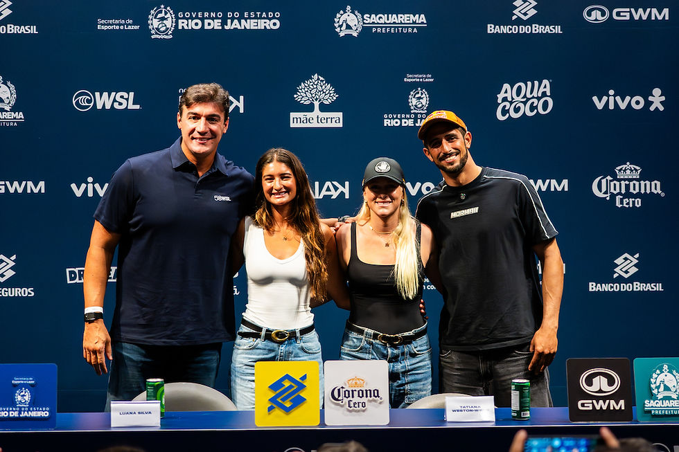 Pictured: The 2026 VIVO Rio Pro Presented by Corona Cero Official Press Conference (L to R): Ivan Martinho, Luana Silva (BRA), Tatiana Weston-Webb (BRA), Lucas Chianca (BRA) Credit: WSL / Thiago Diz