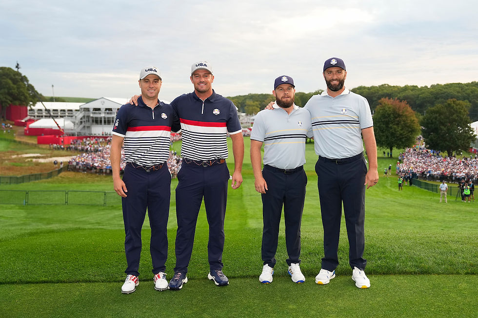Justin Thomas and Bryson DeChambeau of Team United States pose alongside Tyrrell Hatton and Jon Rahm of Team Europe on the first hole tee box during the 2025 Ryder Cup on the Black Course at Bethpage State Park on Friday, September 26, 2025 in Farmingdale, New York. (Photo by Darren Carroll/PGA of America)