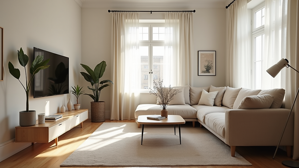 Eye-level view of a well-staged living room with neutral colors and natural light