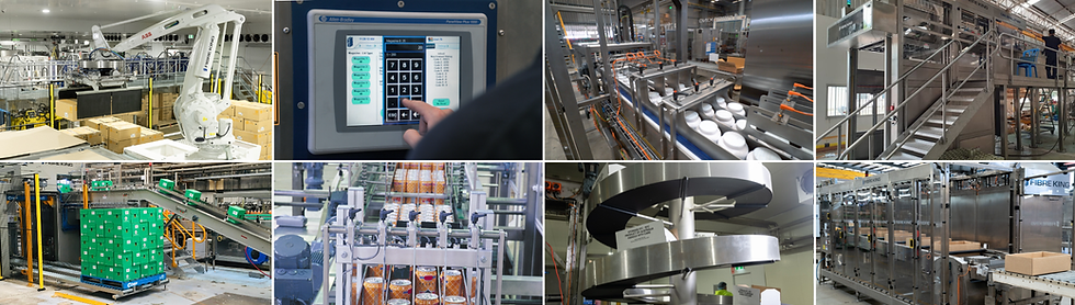 Collage of packaging automation machinery including case packers, palletisers and conveying systems in production environments