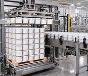 Automatic depalletiser transferring large plastic tubs from a pallet into an industrial production line