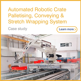 Robotic crate palletising, conveying and stretch wrapping system in seafood packaging environment