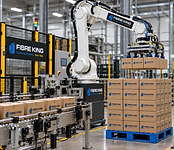Robotic palletiser stacking cartons and cases onto a pallet in an automated production line.