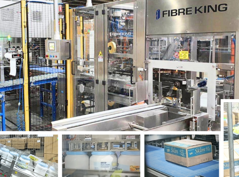 Collage of Fibre King automated packaging and palletising systems in operation at GMP Pharmaceuticals, featuring the Compact Modular Palletiser (CMP), case packing equipment and integrated end-of-line automation machinery.