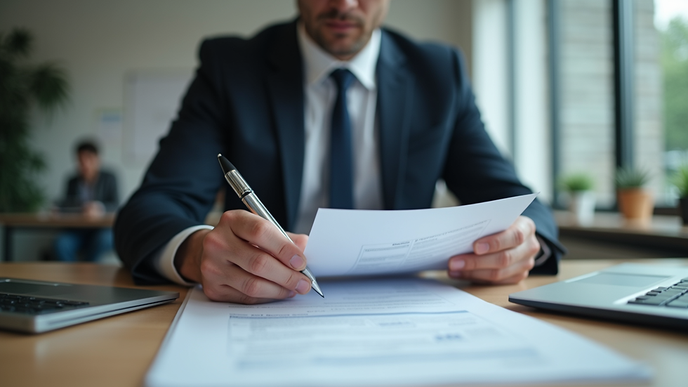 Close-up view of a compliance officer reviewing documents in an office