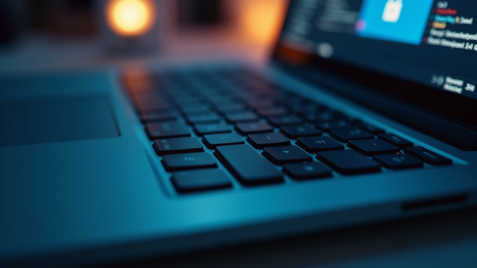 Eye-level view of laptop keyboard with security lock symbol
