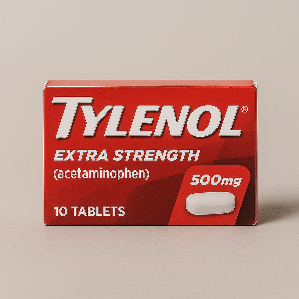 “Tylenol Extra Strength 500mg box containing 10 tablets, red packaging with white text, displayed on a plain beige background