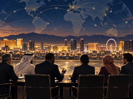 International leaders in conversation overlooking Las Vegas, illustrated with global flight paths