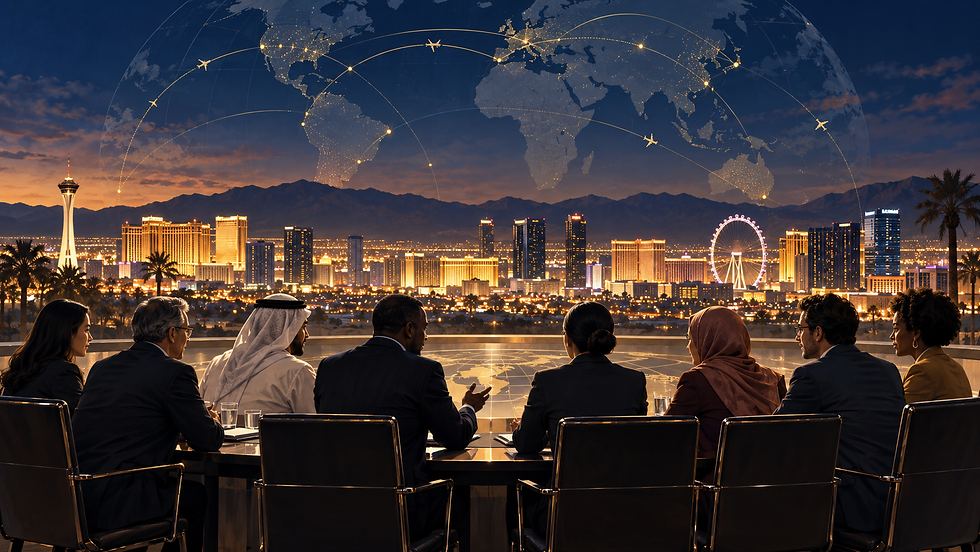 International leaders in conversation overlooking Las Vegas, illustrated with global flight paths
