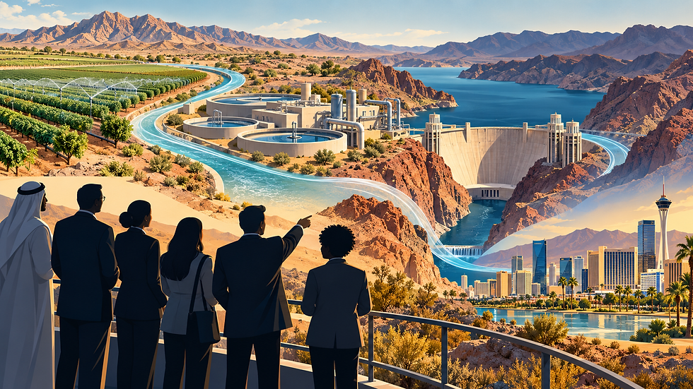 Illustrated desert water landscape with Hoover Dam and international delegates