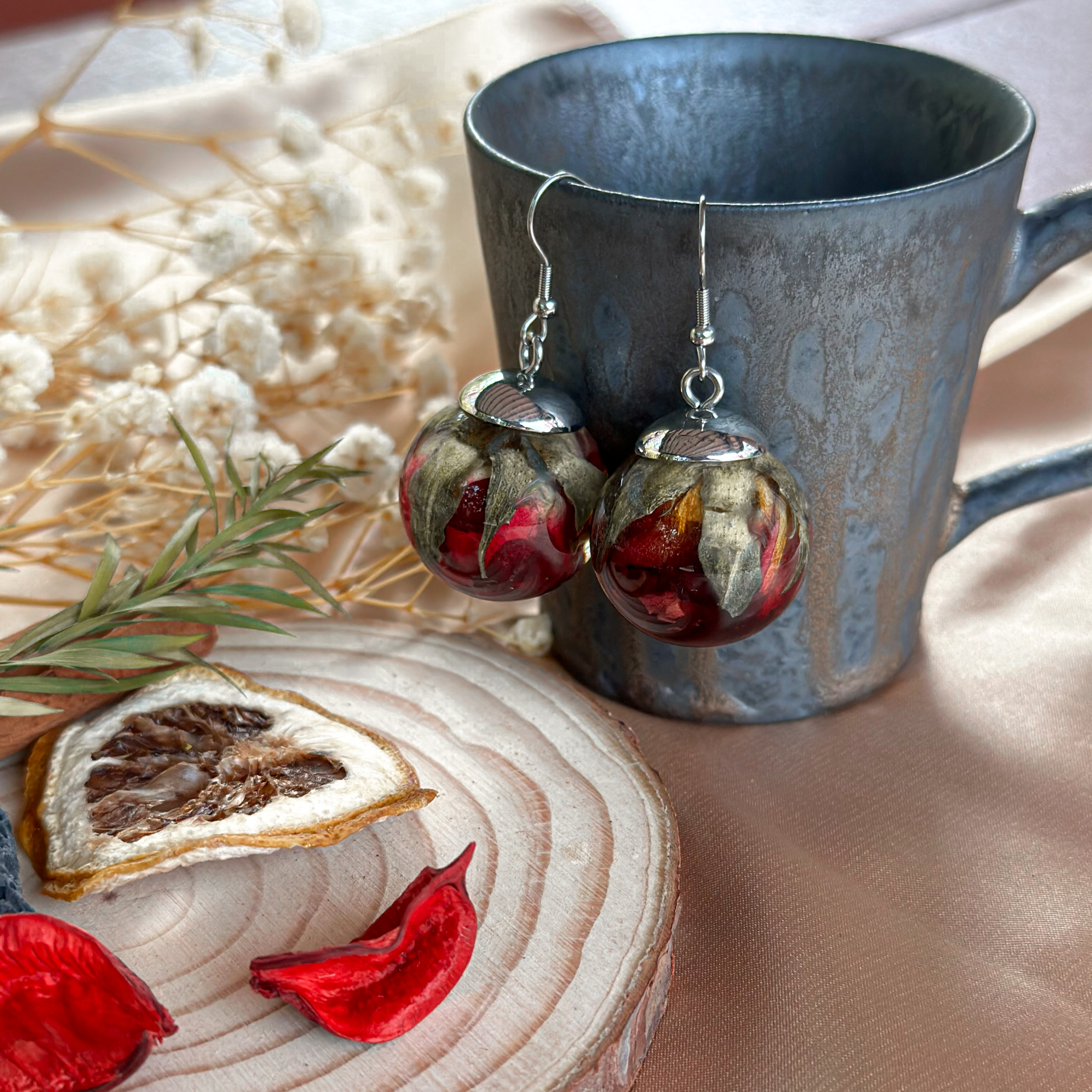 Real Red Rose Bud Flower Earrings Pair