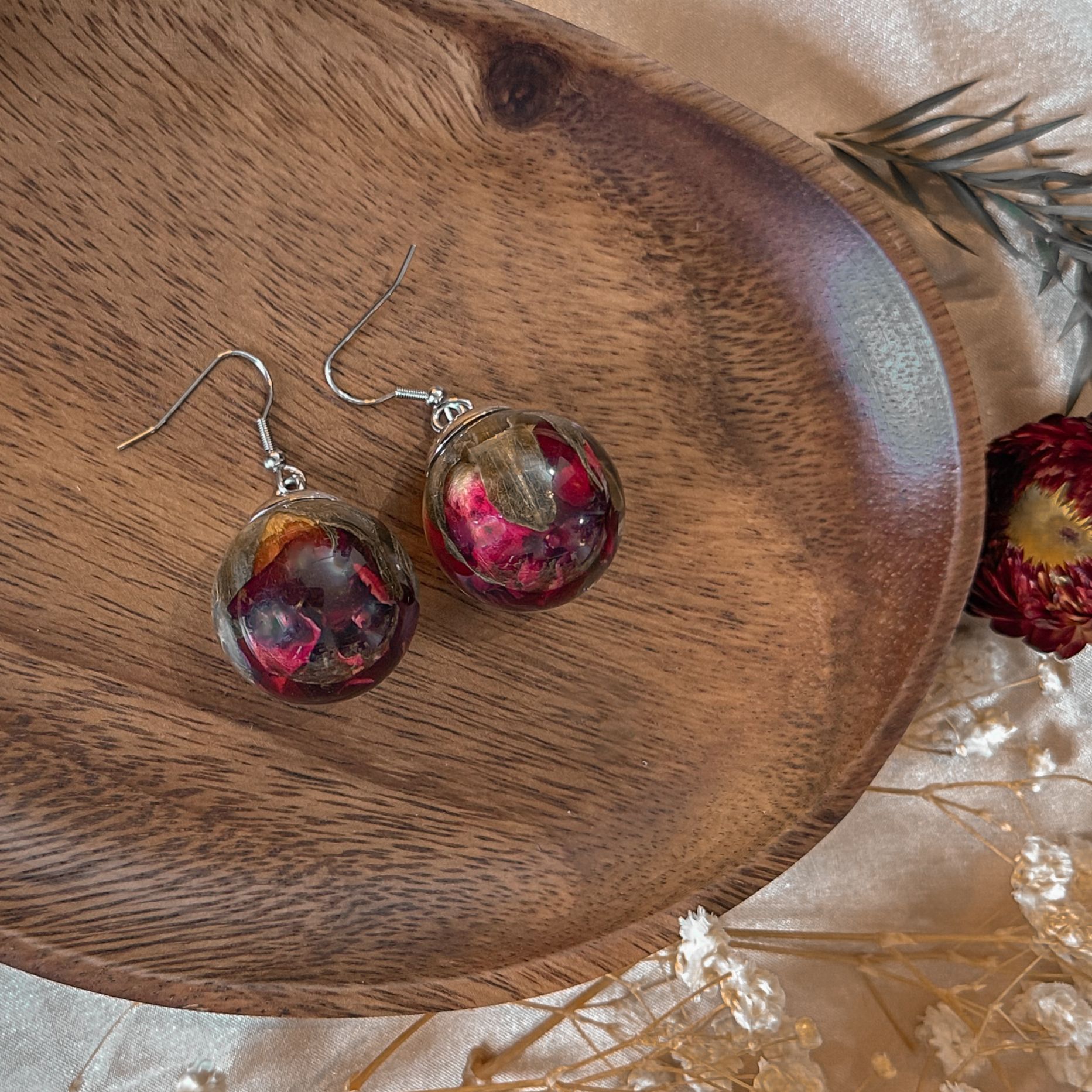 Preserved dried Rose flower earrings