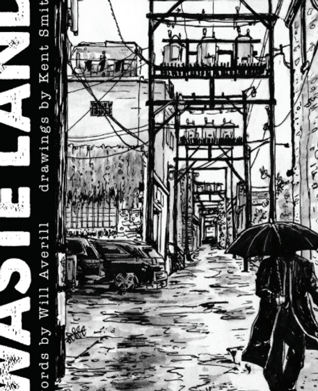 A drawing of a man walking down the alley in the rain.