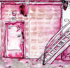 An alley door to a business beside a metal staircase.