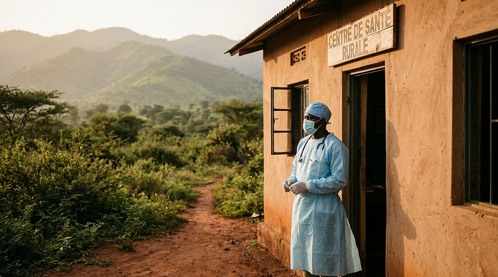 health worker in light blue PPE standing at the entrance of a modest rural health post in central Africa