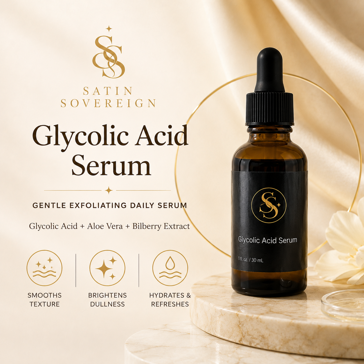 atin Sovereign Glycolic Acid Serum with glycolic acid, aloe vera and bilberry extract