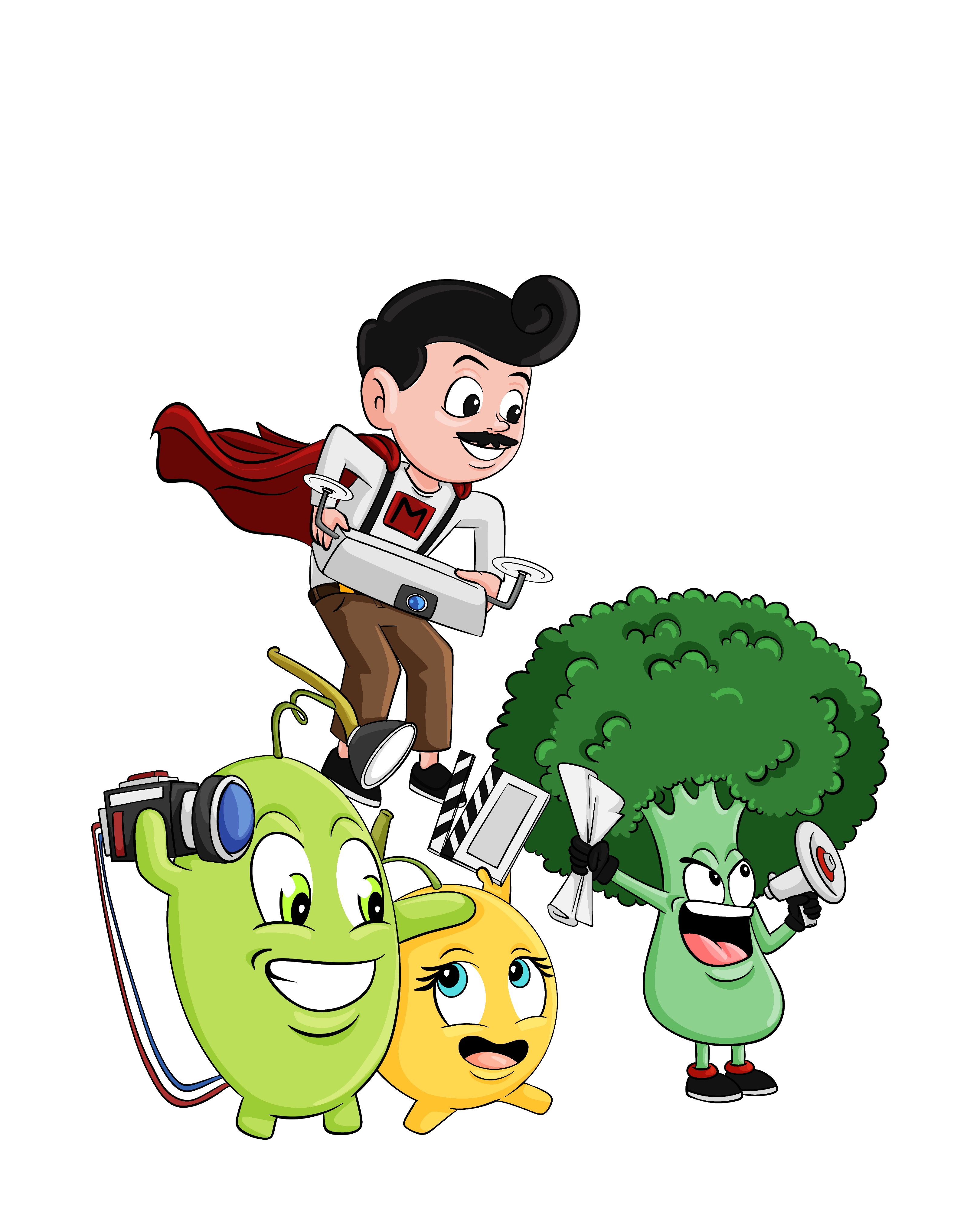 Un gruppo di cartoni animati vola con armi e broccoli sullo sfondo.