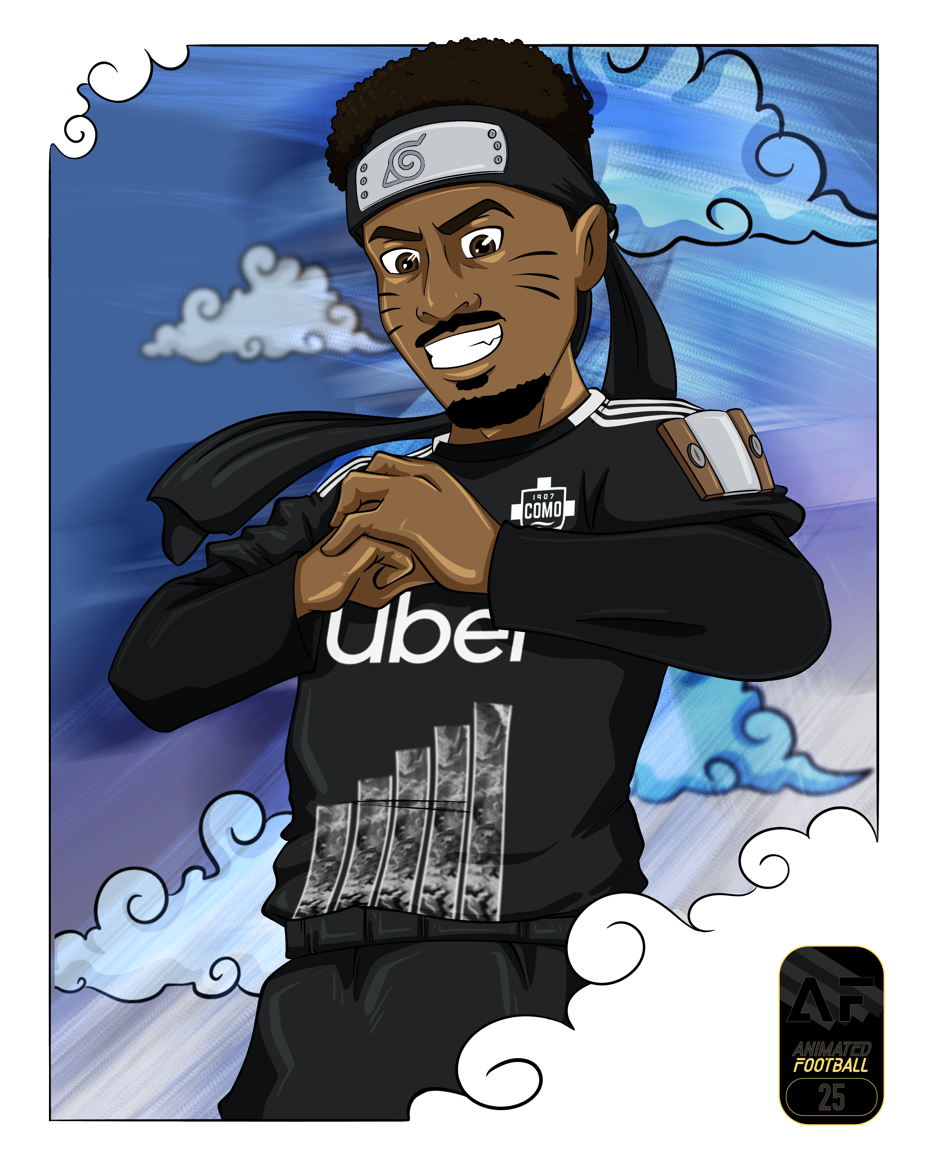 Illustrazione di uomo che indossa abiti Uber con sfondo nuvoloso e logo