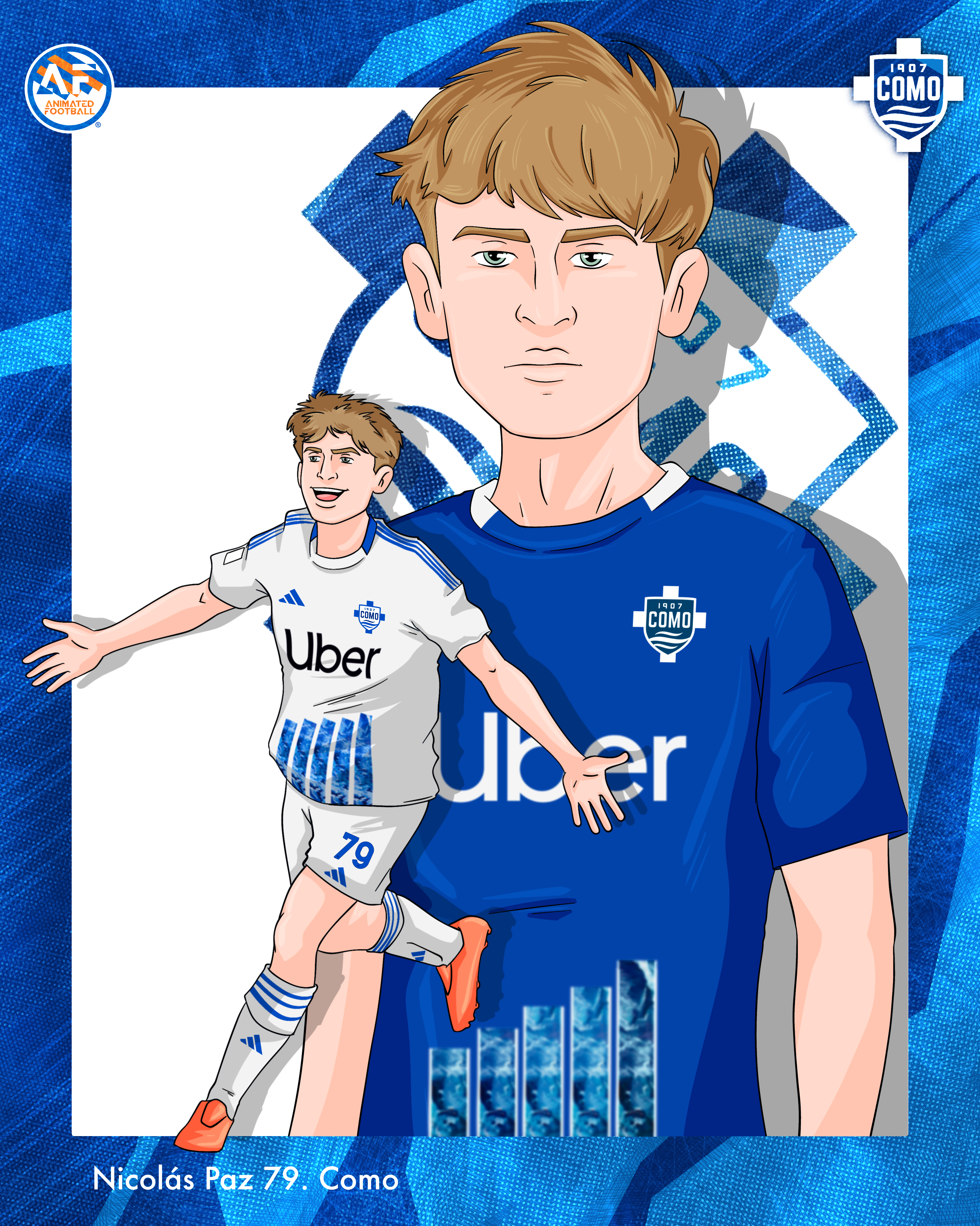 Illustrazione di calciatore Uber con sfondo blu e testo di Marche.