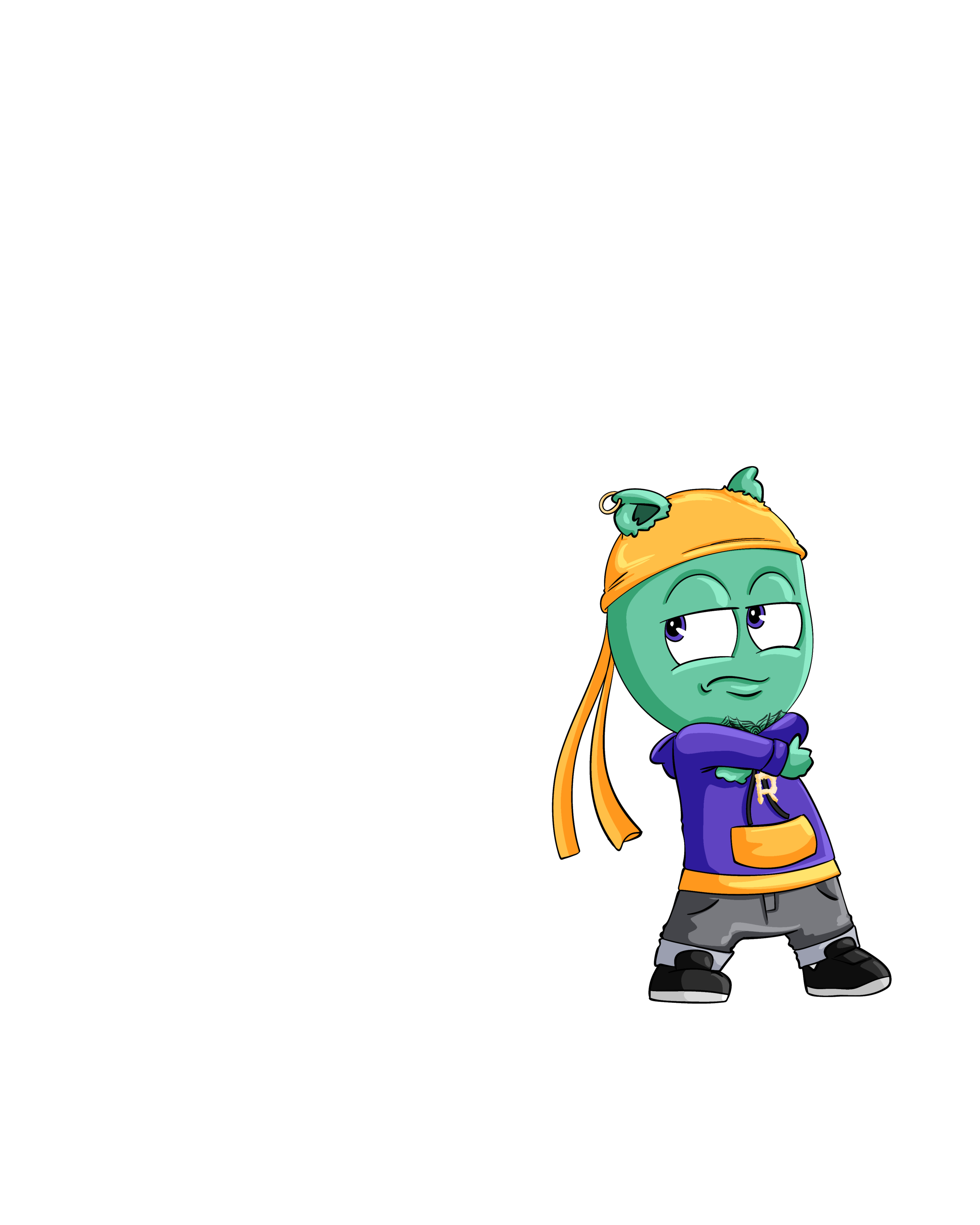 Green animation character with a yellow hat and purple hoodie looking tired.