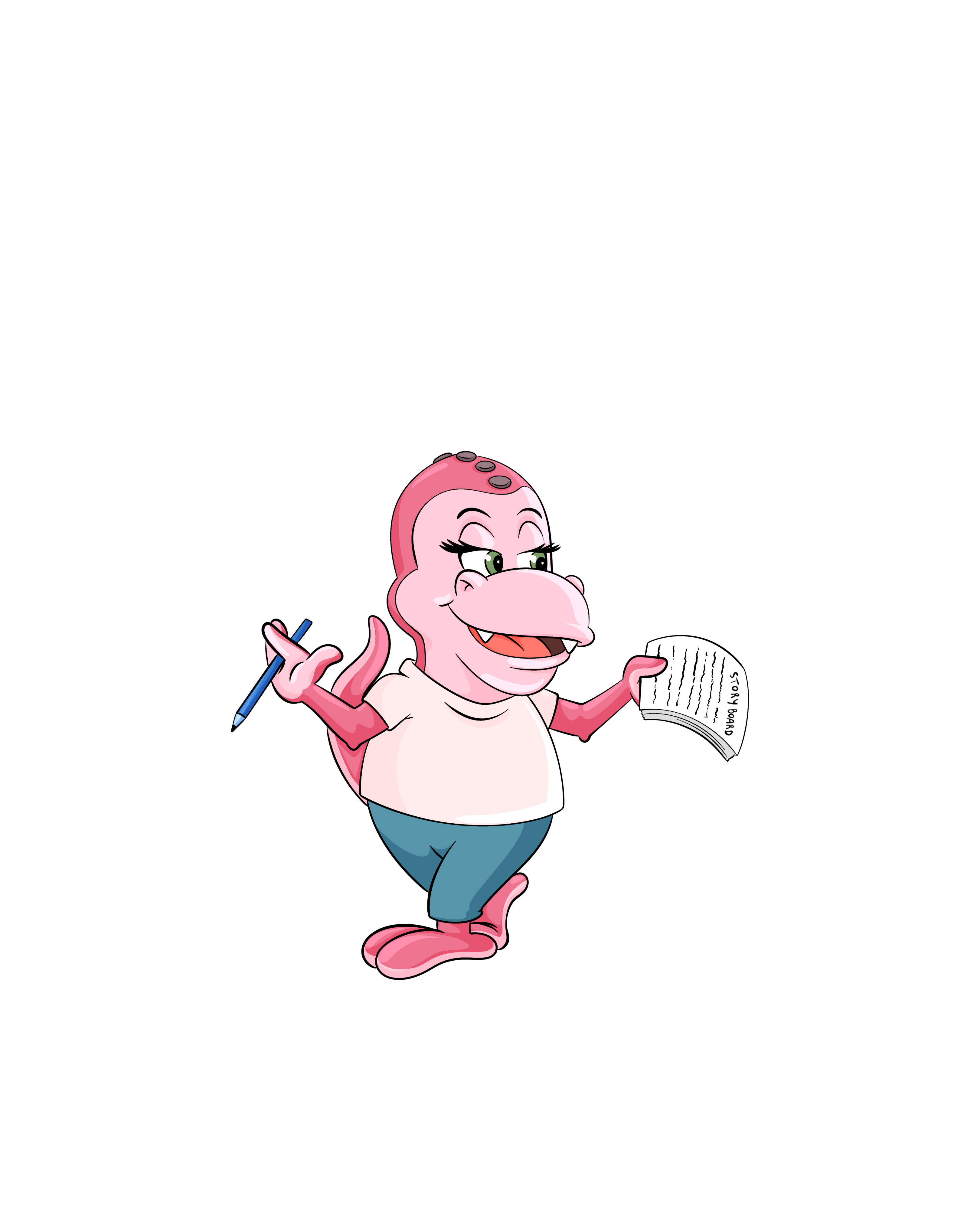 Cartoon creature with pink skin, white shirt, blue pants, and document in hand.